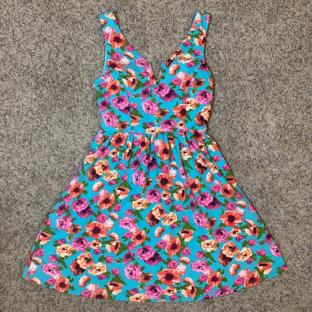 OBOE Women's Floral V Neck A Line Dress Medium Blue Pink Coral